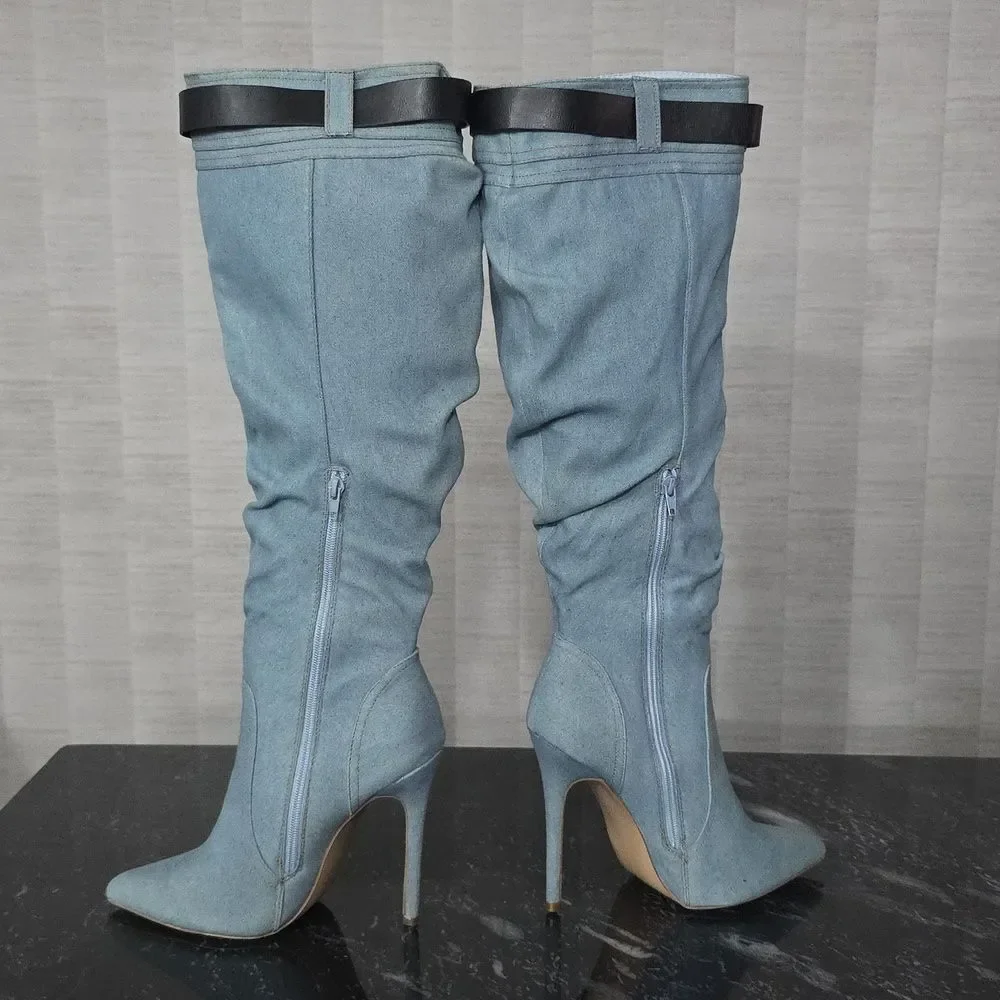 BRAND NEW SHOEDAZZLE BUCKLE OVER THE KNEE STILETTO HEEL WOMENS SLOUCH BOOTS